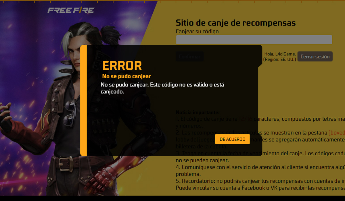 ¿Por qué no puedo canjear mis códigos de Free Fire?